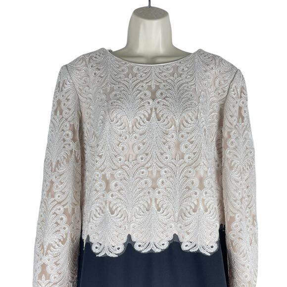 Tadashi Shoji Embroidered Lace Long Evening Gown Black Ivory Size 18 - Picture 5 of 12